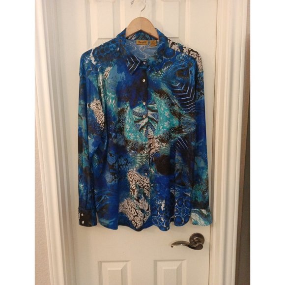 Wrangler Tops - Women's Wrangler Western Multicolored Metallic Pearl Snap Stretchy Blouse XXL